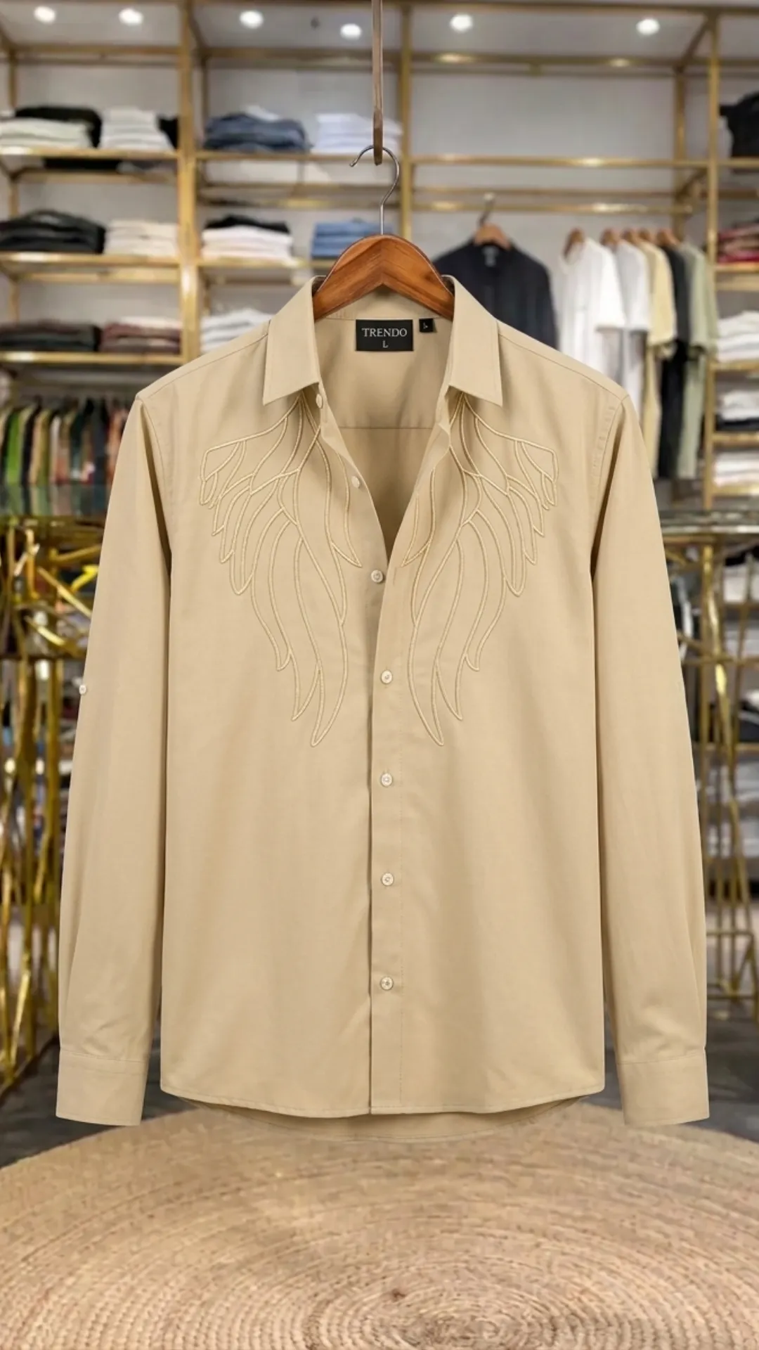 Men's Beige Embroidered Long-Sleeve Shirt